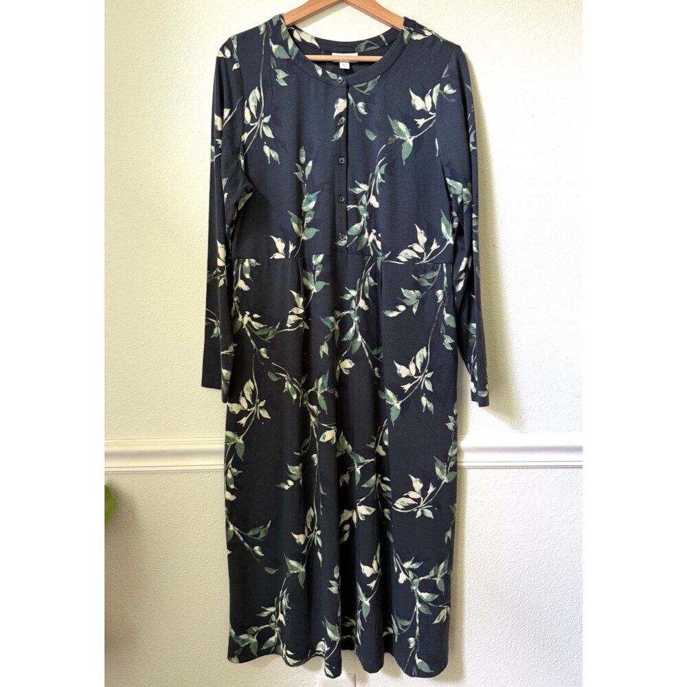 Pure J Jill Cotton Midi Dress Sz Med Botanical Leaf Print Chore Casual Stretch